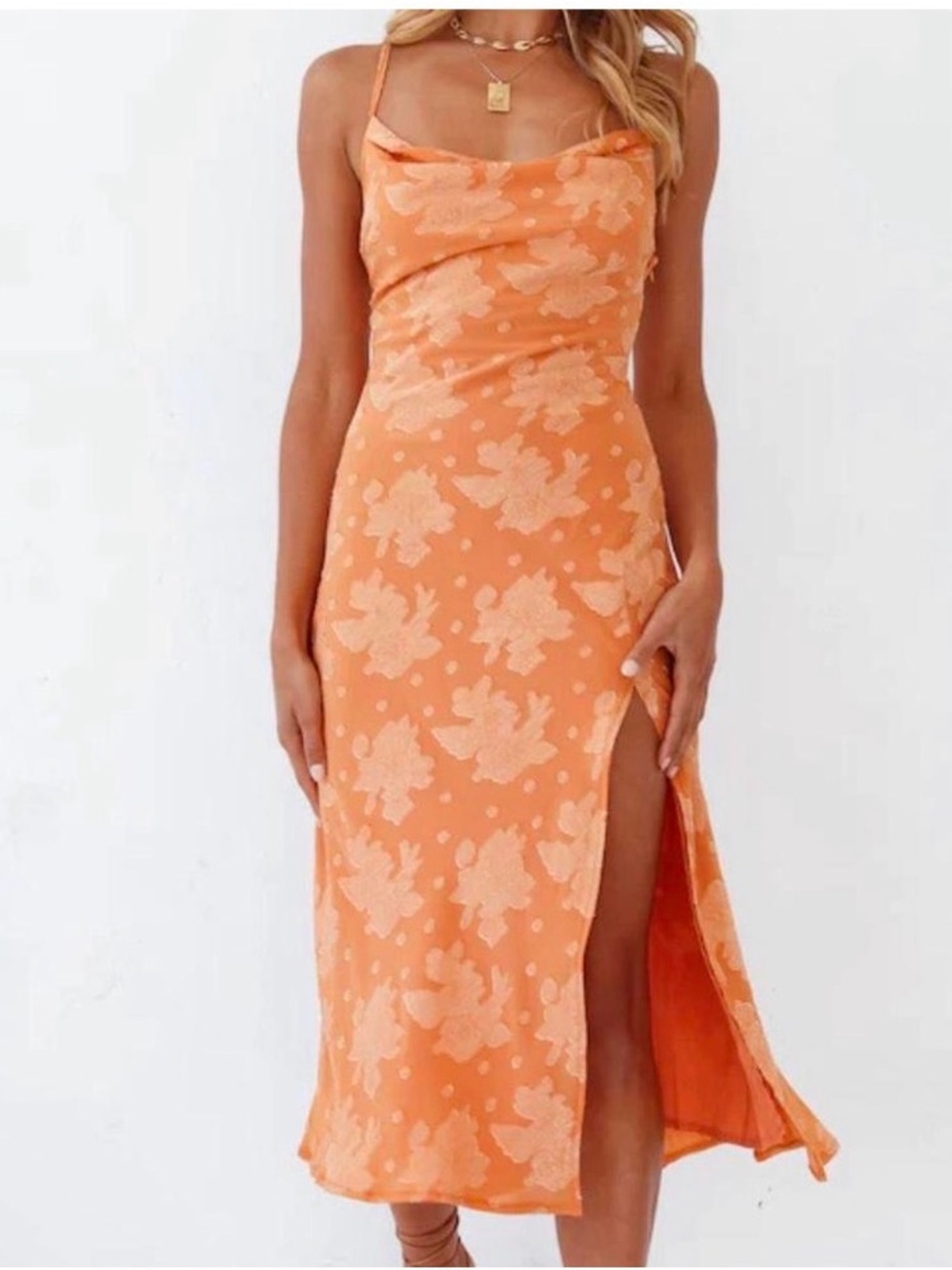Orange Floral Cowl Neck Midi Dress with Side Slit